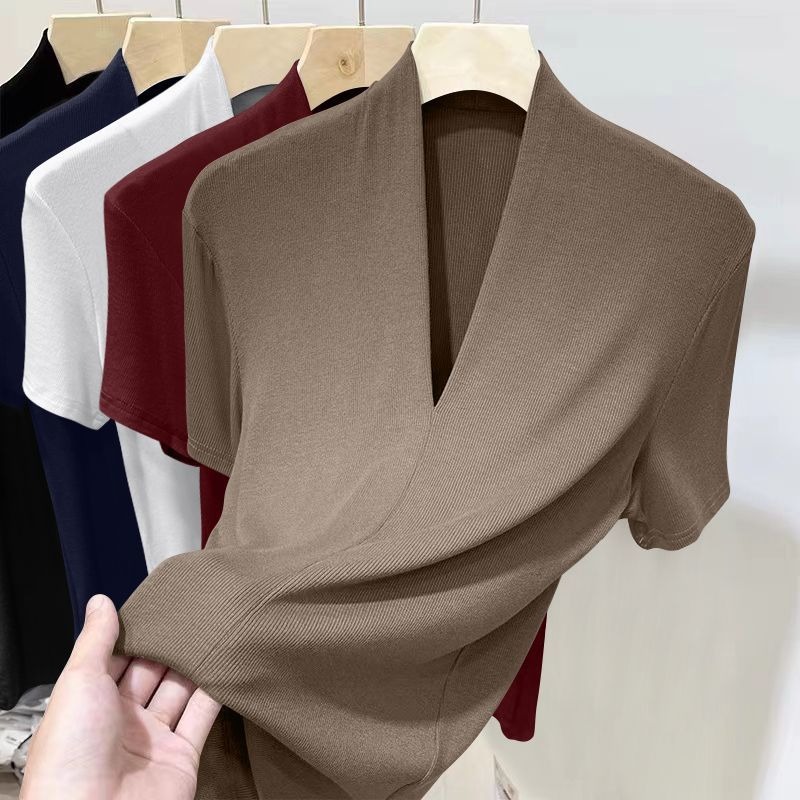 Zomer T-shirt met korte mouwen voor dames, modieus, veelzijdig basisshirt, plus size, slim fit, V-hals, casual en sexy top
