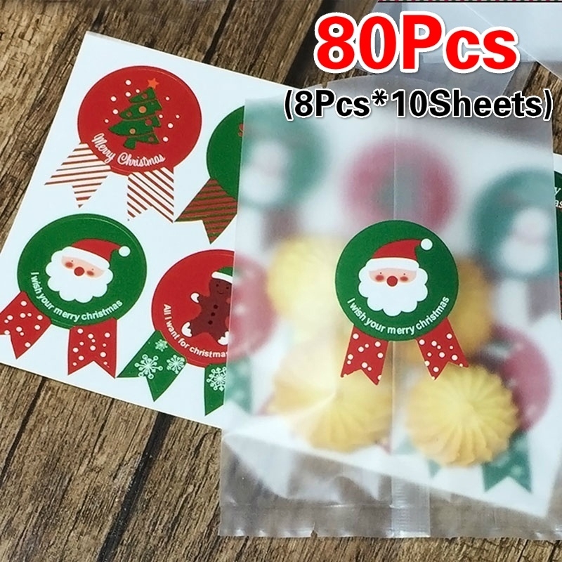 80 Stks/set Kerst Label Papieren Sticker Pakket Afdichting Stickers Voor Cookie Candy Noten Pakket Xmas Tree Sneeuwpop Cadeau