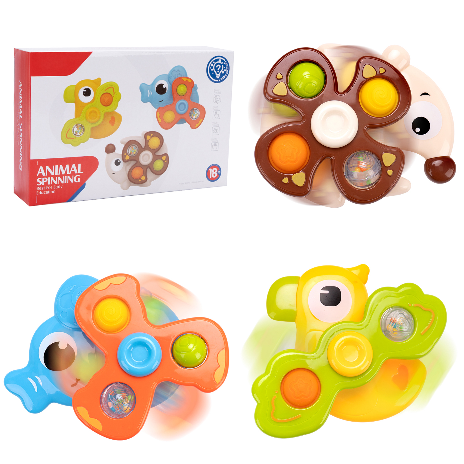 Juego de 3 juguetes giratorios de succión con ventosas, juguetes de baño coloridos con diseño de dibujos animados, sonajero de dedo para niños, divertidos juguetes de baño para regalos de niños pequeños