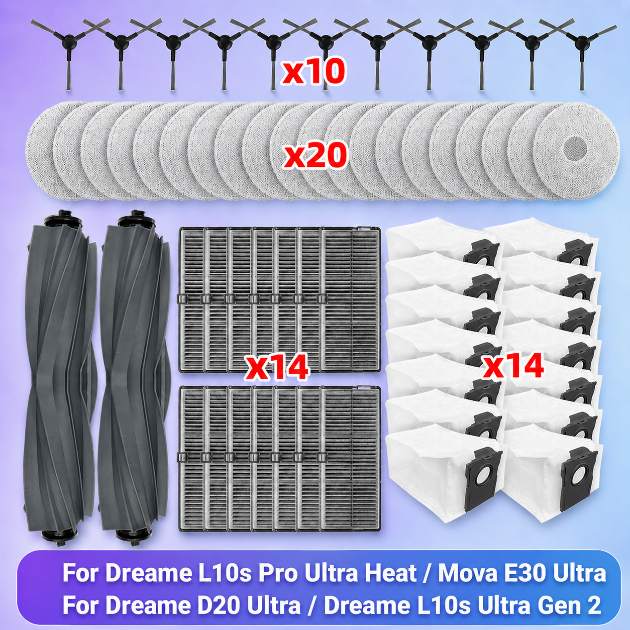 Подходит для ( Dreame D20 Ultra RLD31SE, Dreame L10s Pro Ultra Heat / X30 Ultra / L10s Ultra Gen 2, Mova E30 Ultra/MOVA P10 Ultra) Запчасти Основной валик Боковая щетка Фильтр Ткань для мытья Пылевой мешок Аксессуары