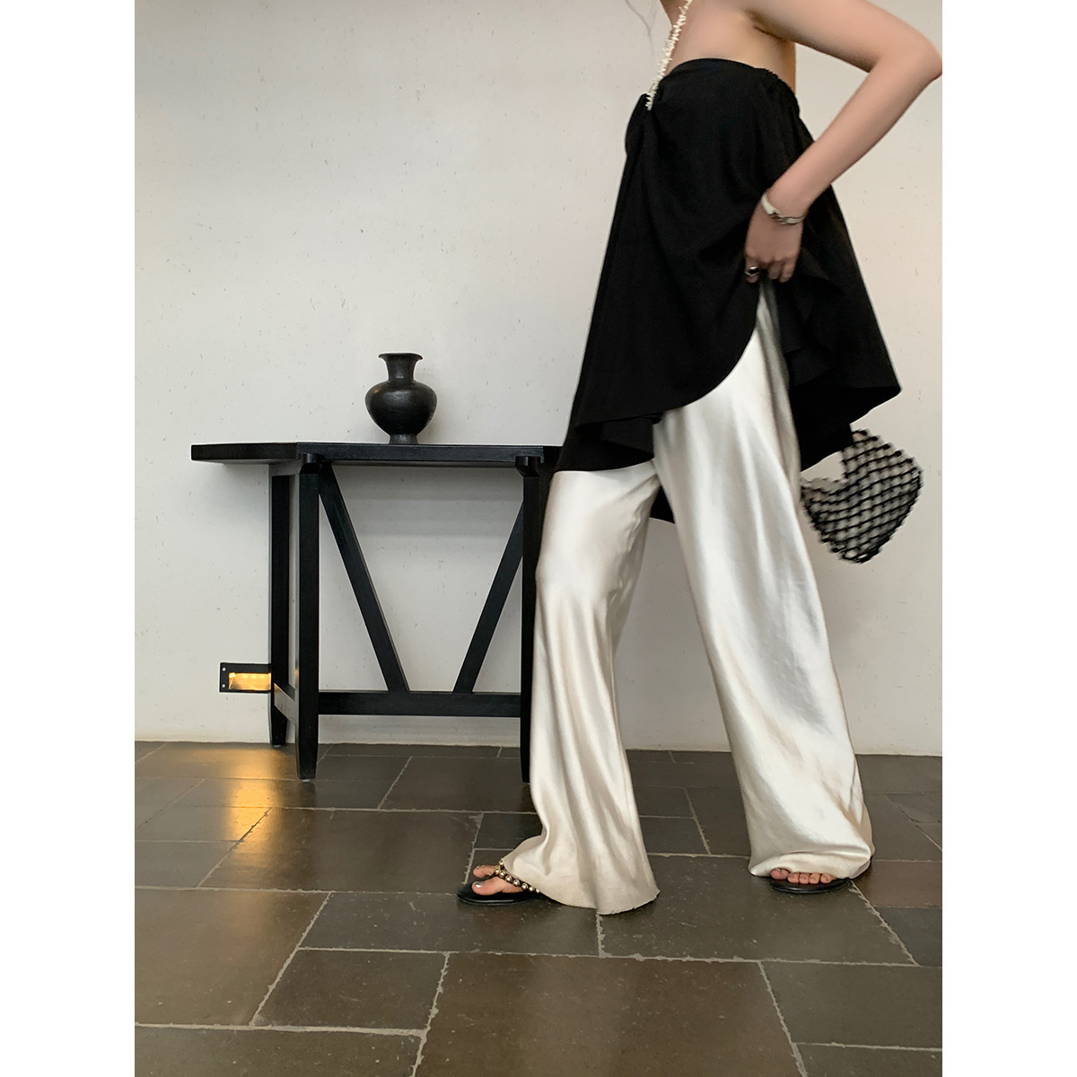 Cetim perna larga calças Long Floor Casual calças verão das mulheres