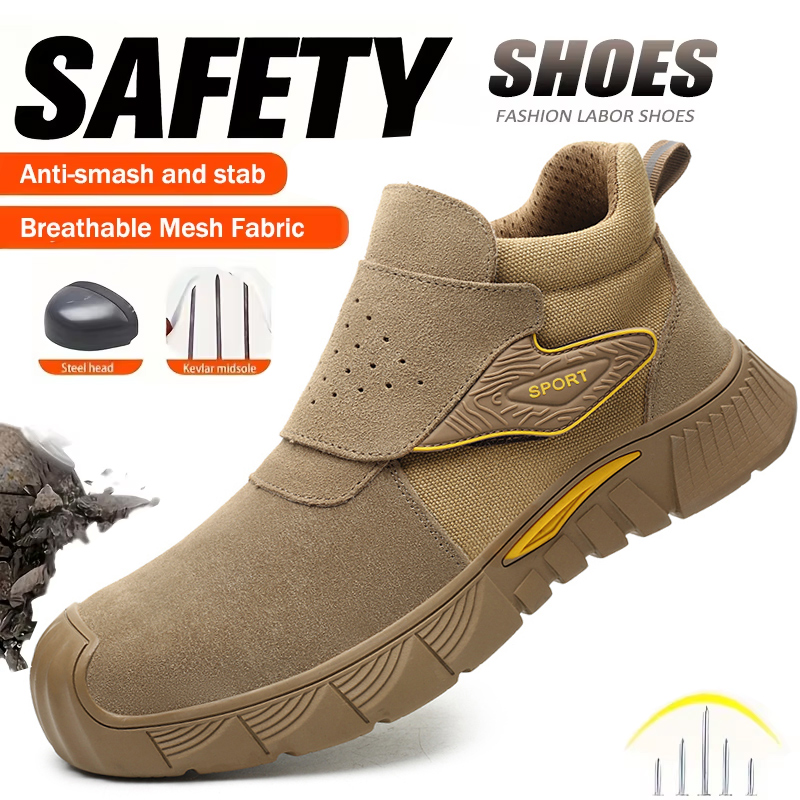 Bruine laswerklaarzen voor heren Dames Slip-on veiligheidsschoenen met stalen neus Comfortabele werklaarzen Lekbestendige bouwschoenen