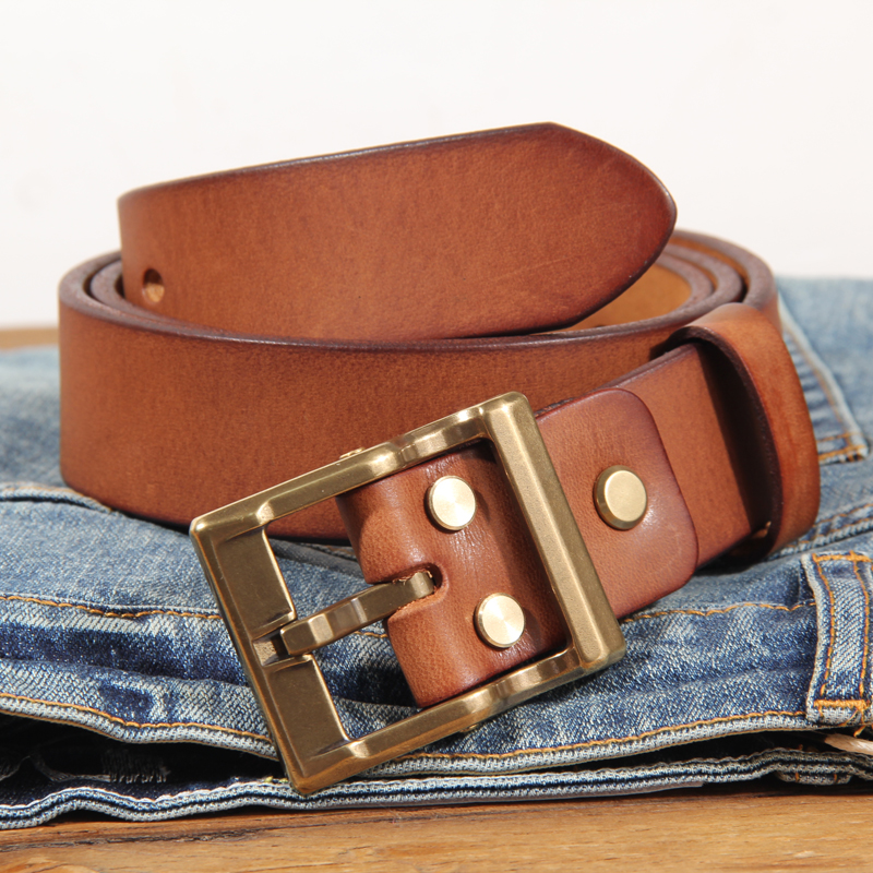 Sabuk Kulit Pria Kasual Gesper Pin Kuningan Gaya Rock Logam Berat Retro Sabuk Lembut Jeans Sapi Lapisan Atas Buatan Tangan Mewah Antik