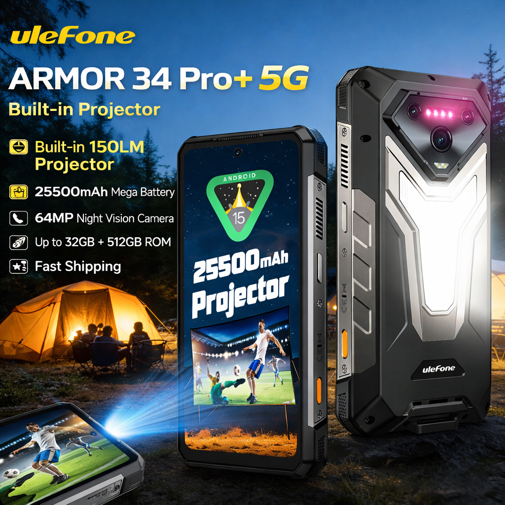 【Estreno mundial】Ulefone Armor 34 Pro 5G Teléfono robusto con IA, 25500 mAh, hasta 32 GB + 512 GB, proyector integrado, 120 Hz, 6,95" NFC, luz LED IP69K, visión nocturna de 64 MP.