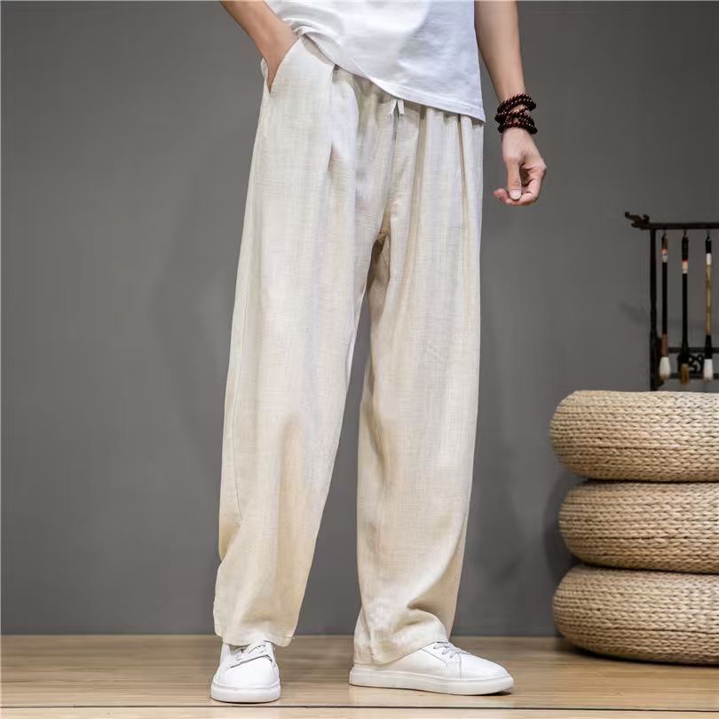 Pantalon droit en coton et lin pour homme, léger, respirant, décontracté, couleur unie, style simple, pantalon long, taille élastique
