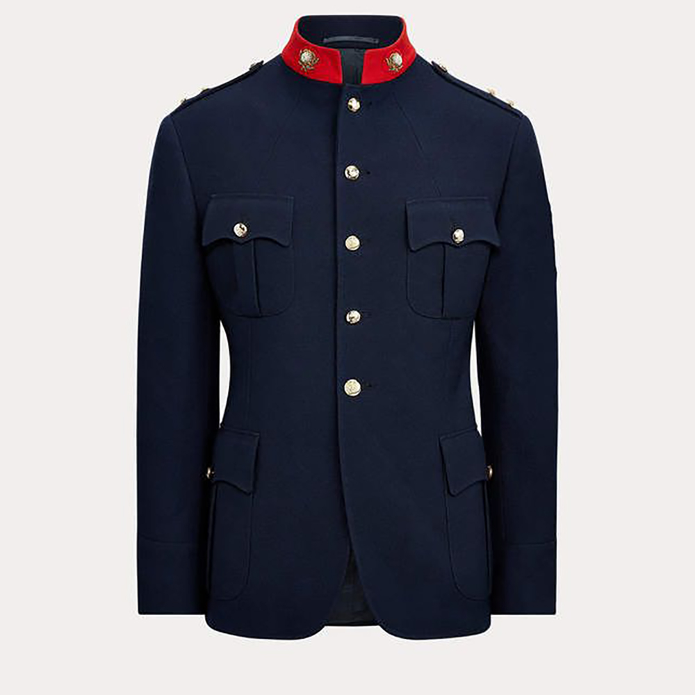 Heren marineblauwe blazer in militaire stijl met bandkraag, rode bies, enkelrijig, 1-delig colbert voor formele bruiloft, schoolbal, feest