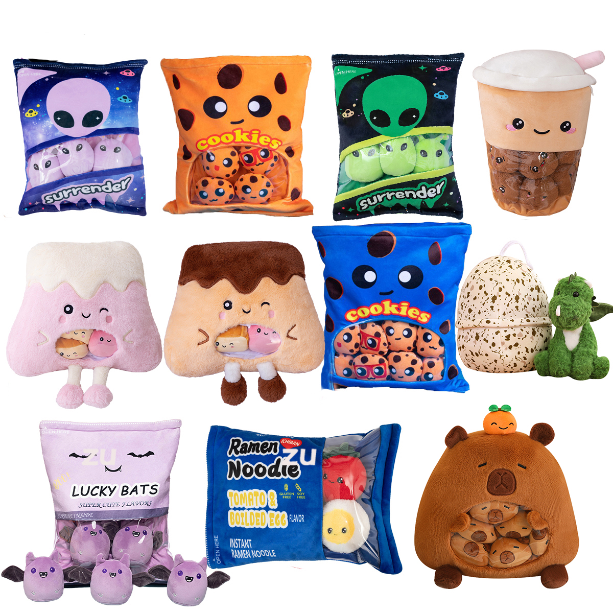 Un sacchetto di serpenti cuscino di peluche carino Boba tè biscotti peluche budino torta pipistrello alieno peluche abbraccio cuscino regalo di compleanno