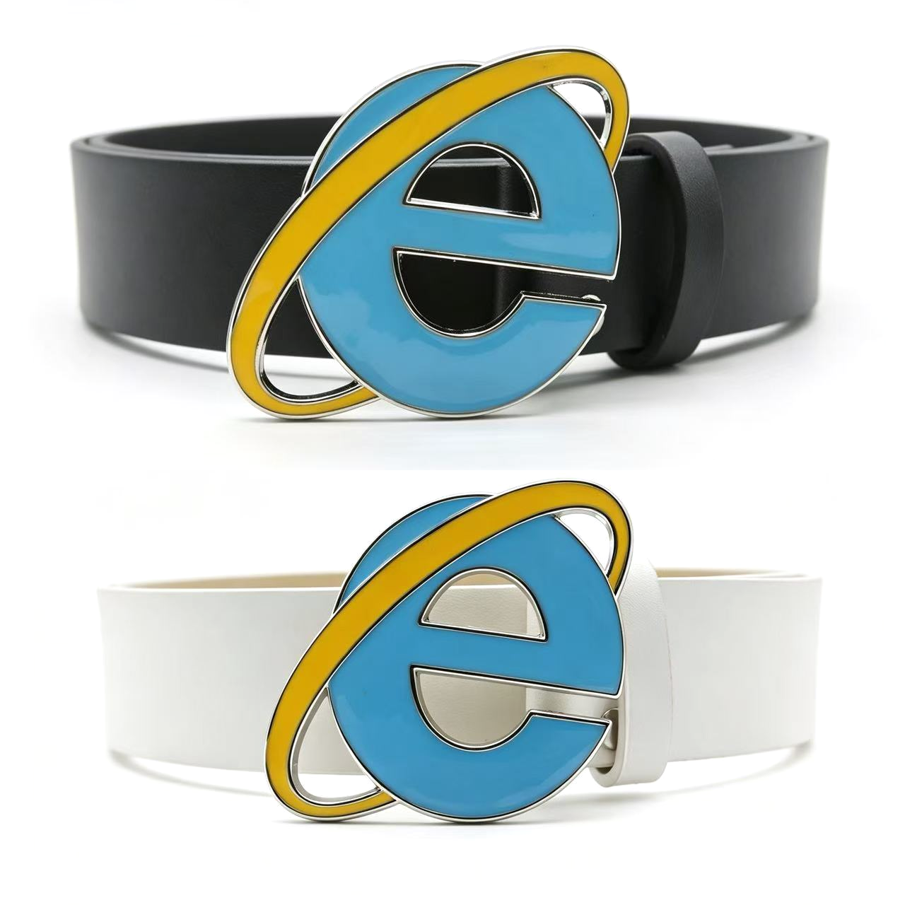 Sabuk Logo IE Y2K Desain Nostalgia Uniseks, Sabuk Gesper Huruf E Internet Explorer Unik untuk Pria Wanita Desain Punk Pesta Cosplay