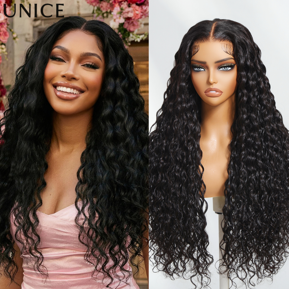 Peruka z ludzkich włosów UNice 7x5 Lace Bye-Bye Slip Water Wave z baby hair i sznurkiem, wstępnie przycięta, wstępnie bielona, gotowa do założenia, bezklejowa.