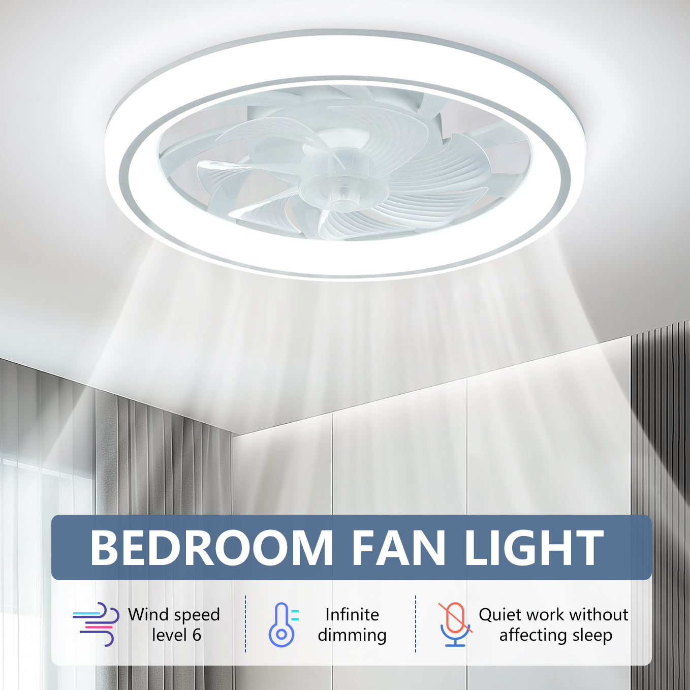 Ventilador de teto de 48 cm, ventilador de teto fino e silencioso com controle remoto, escurecimento ilimitado, ajuste de 6 velocidades, quarto e sala de estar