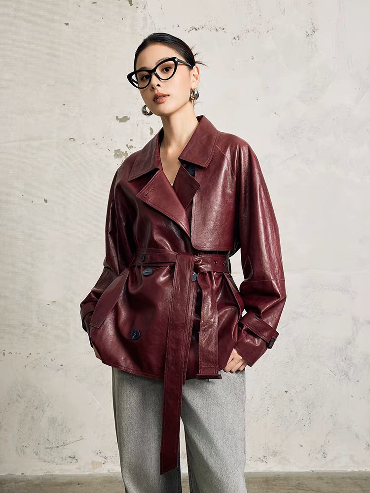 Echt leren jack voor dameskleding Dames Chic Op maat gemaakte kraag Riemjas Mujer Oversize Nieuw in Outerwears Double Breasted