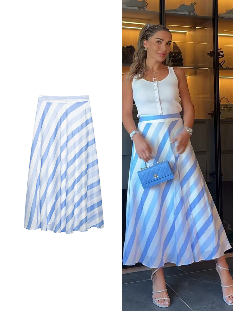 TFMLN Gonna Vintage a Righe Blu da Donna, Tendenze Moda Estiva, Gonna a Vita Alta a Trapezio, Abbigliamento Casual Femminile per Vacanze 2026