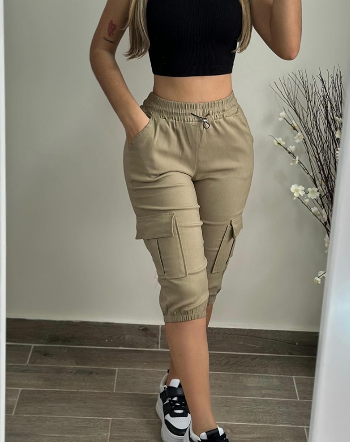 Calças femininas 2024 verão moda bolso design algemado cordão casual simples cintura alta magro diário na altura do joelho calças
