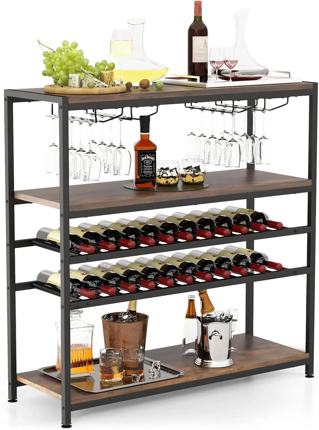 New Shop Rabatte – 5-stöckiges Weinregal mit Glashalter & Regalen, Blaschenregal freistehend, Weinschrank für Wohnzimmer,