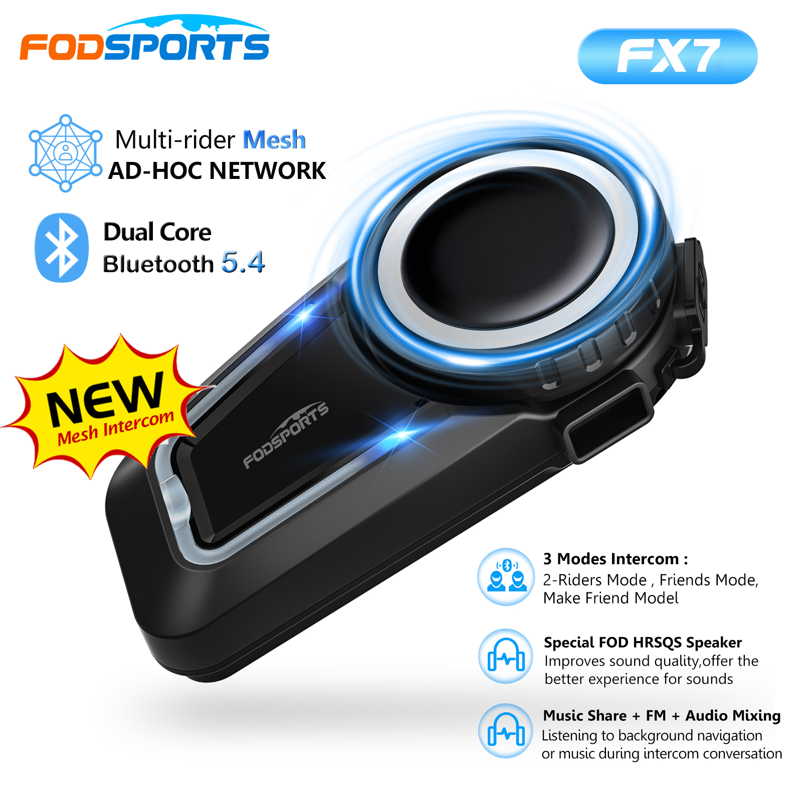 Headset Helm Motor Bluetooth Fodsports FX7 Mesh Intercom, Dual Core BT5.4, Maksimal 10 Pengendara 2000m, Audio Mixing+FM+Berbagi Musik