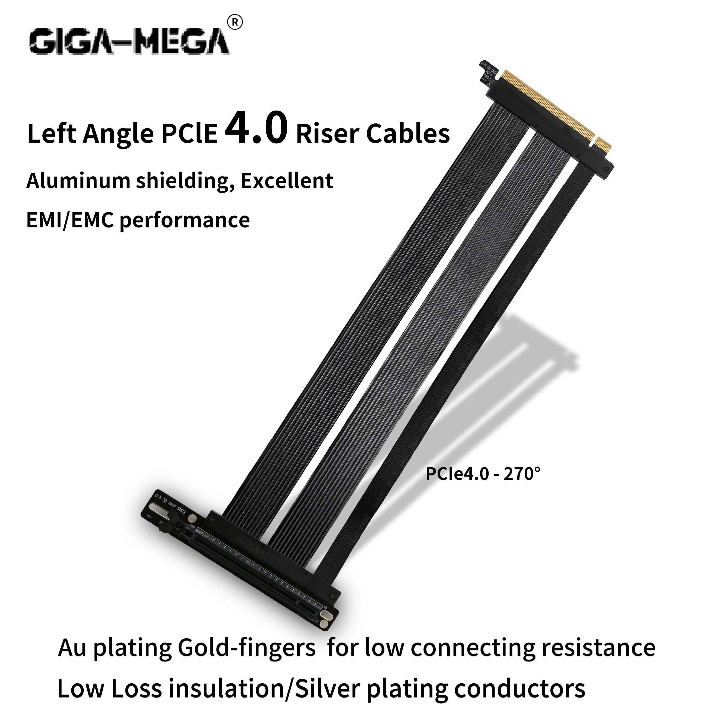 Câble Riser PCIe 4.0 à Angle Gauche X16 à Faible Perte, Haute Compatibilité, Support de Montage Vertical pour GPU pour Boîtiers ATX E-ATX