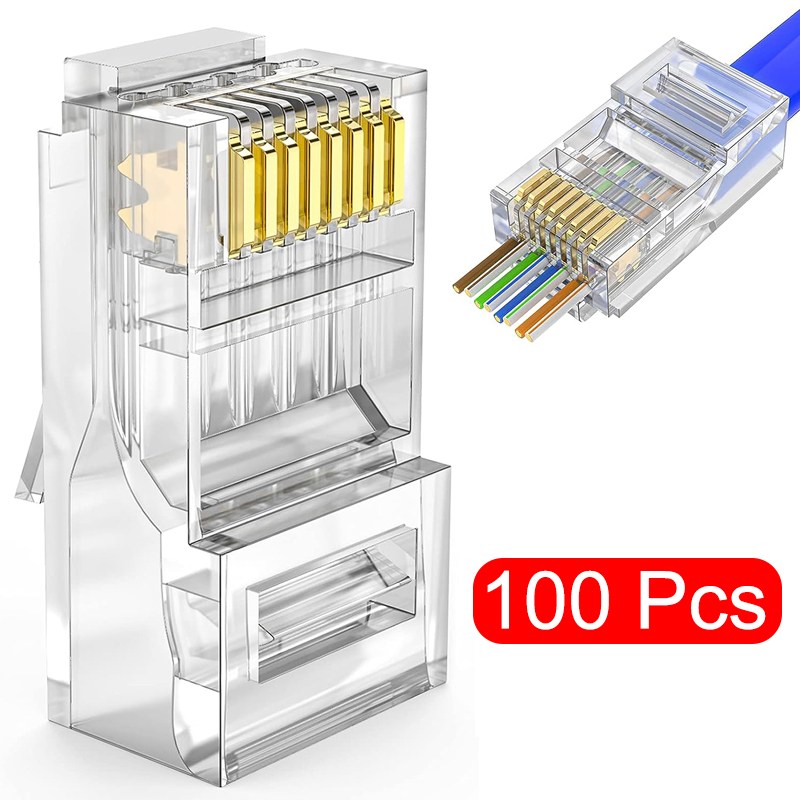 100 개/몫 RJ45 CAT6 CAT5e 패스 스루 커넥터 크리스탈 엔드 금도금 8P8C 압착 UTP 표준 이더넷 네트워크 모듈러 플러그