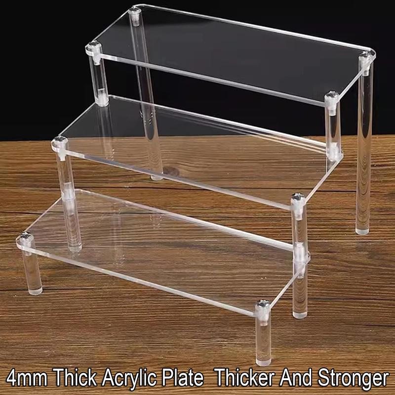 Soporte de exhibición acrílico de 1-4 niveles, estante de exhibición duradero para magdalenas, Perfume, muñeca, caja ciega Trapezoidal transparente, estante de almacenamiento