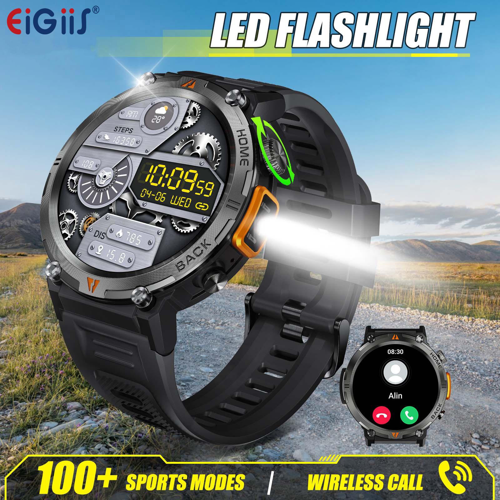EIGIIS KE3 Bluetooth llamada reloj inteligente hombres pantalla completamente táctil Monitor de salud reloj con linterna hombres SmartWatch para IOS Android