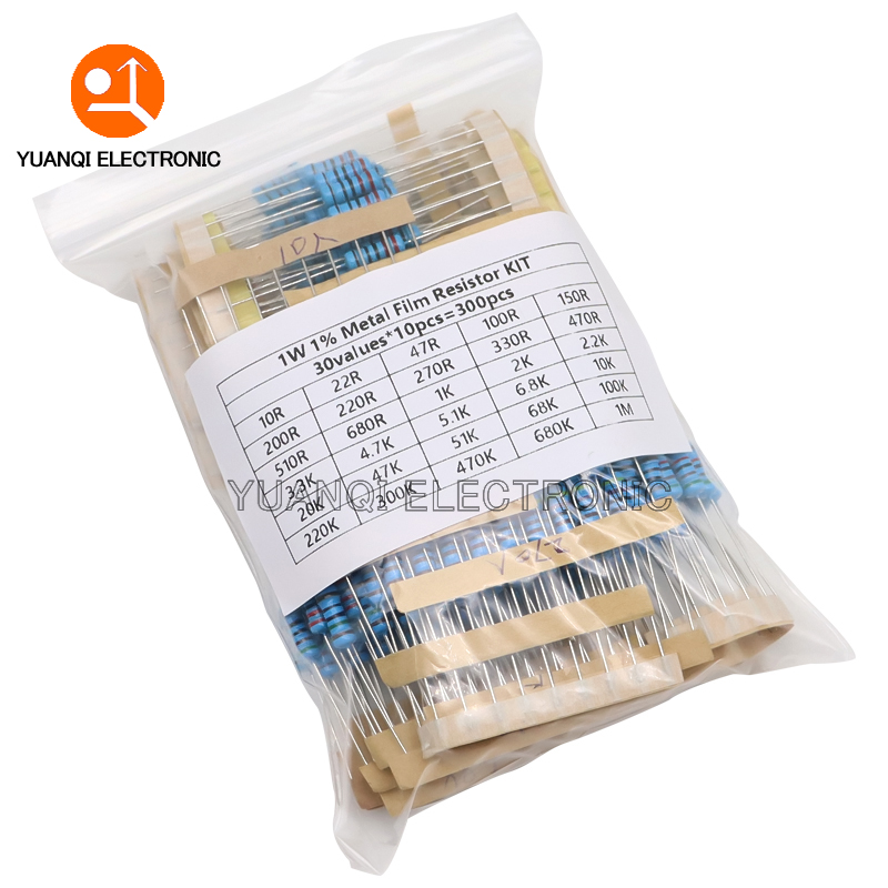 300 Uds 10R - 1M Ohm 1/4W 1/2W 1W juego de resistencias 1% Kit surtido de resistencias de película metálica 30 tipos * 10 Uds = 300 Uds