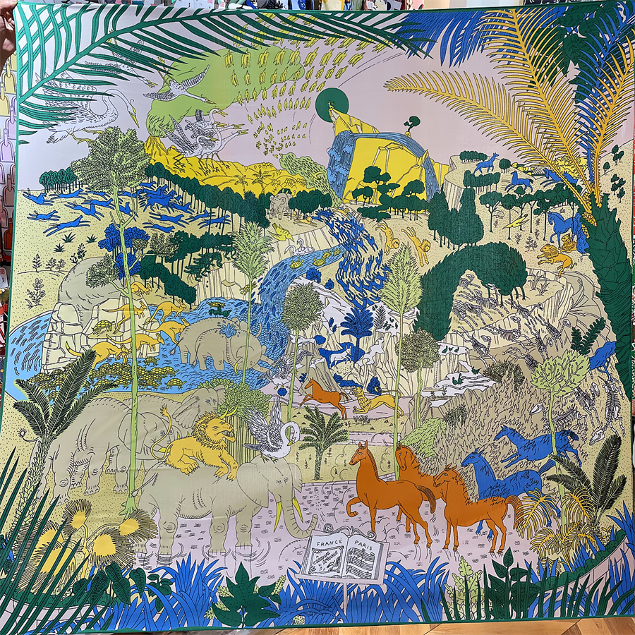POBING-bufanda de Cachemira de seda para mujer, pañuelo cuadrado con estampado de animales de la selva enrollado a mano, Hijabs grandes, Foulard femenino de 135CM