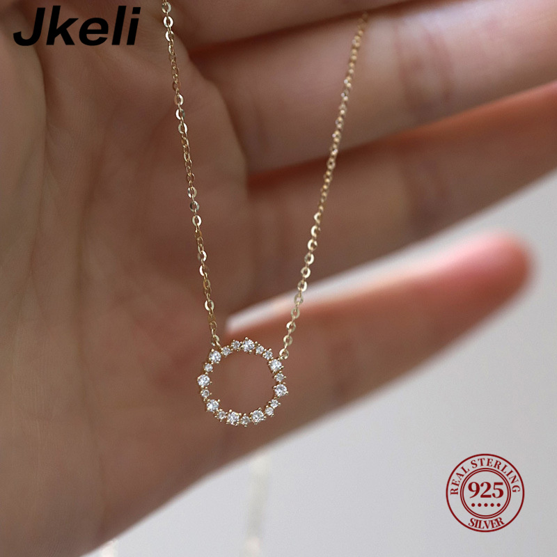Jkeli - 100% серебряное ожерелье S925 с покрытием из 18-каратного золота, с круглым элементом, инкрустированным бриллиантами, в японском и корейском стиле, цепочка из золота K-каратности.