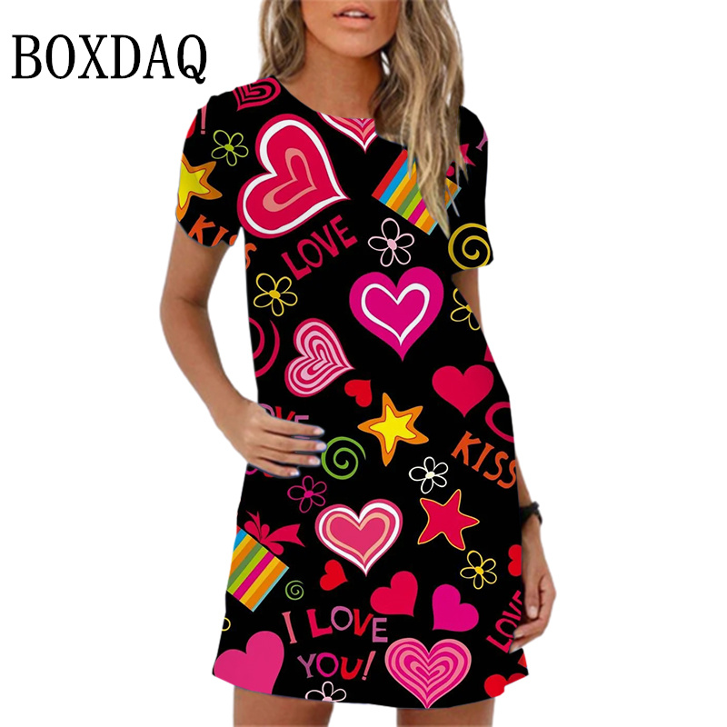 Elegante Mini abito con stampa modello Sweet Love per donna abito estivo manica corta per ragazze 2024 nuovo abbigliamento primaverile prendisole Oversize