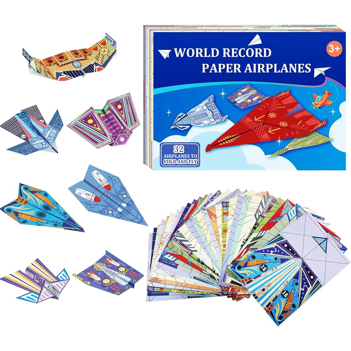 Origami Paper Airplane Kit 12/32 Sheets 16 Classic World Record Plane Designs Easy to Fold Creative  Craft Activity for School F