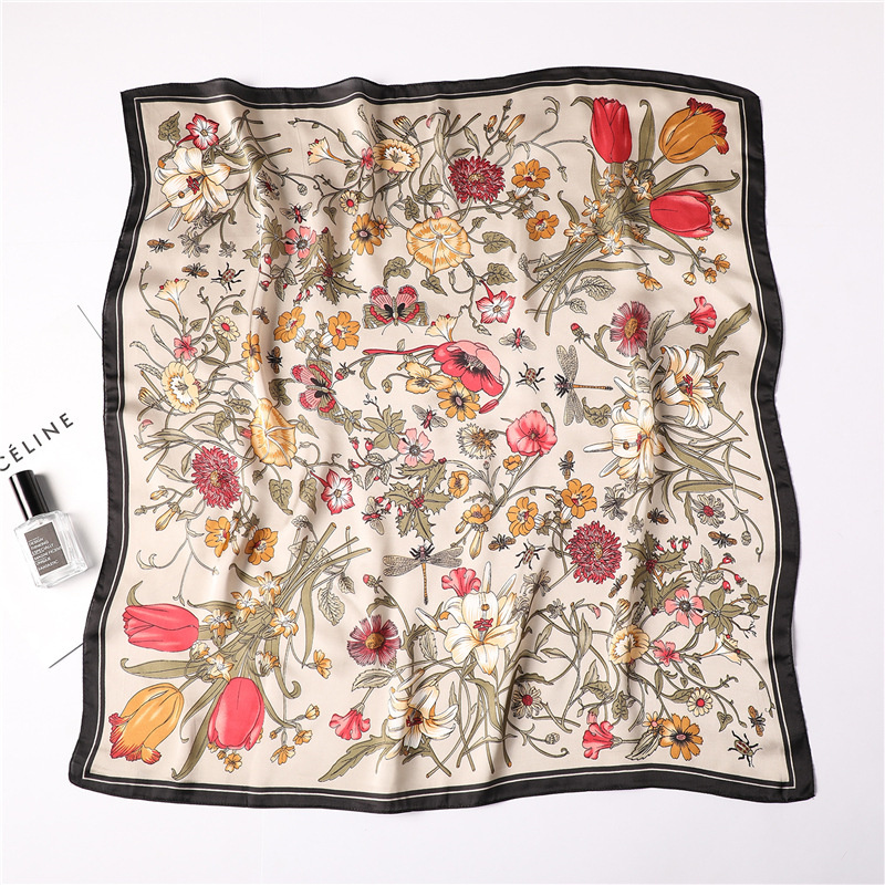 Luxo novo impresso cachecóis lenço de seda feminino primavera e verão decorações florais pequenas gravatas hairbands sacos atacado