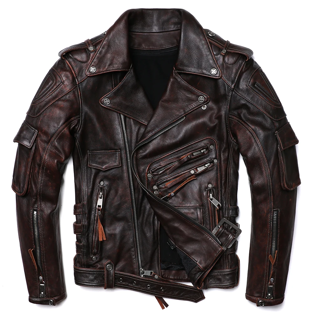 NOWA Vintage brązowa profesjonalna skórzana kurtka motocyklowa Ciężki płaszcz z naturalnej skóry bydlęcej Gruby zamek błyskawiczny Odzież Plus rozmiar 6XL