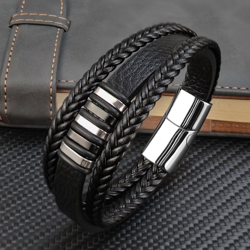 Pulsera clásica de cuero para hombre, brazalete magnético de acero inoxidable, 3 colores, regalos de Navidad y Año Nuevo