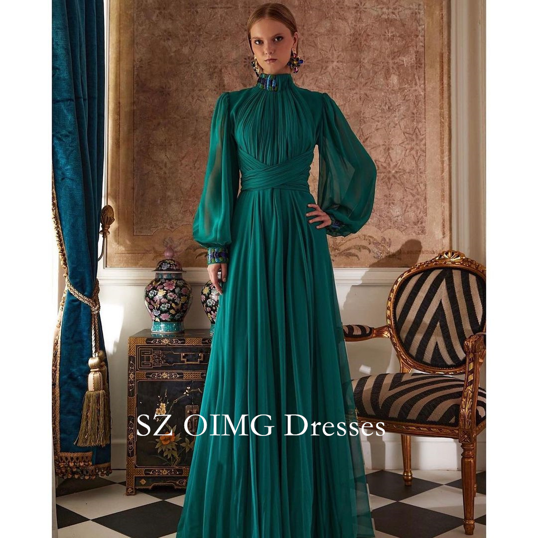 OIMG – robe de bal verte à col haut, magnifique, manches bouffantes, personnalisée, élégante, en Satin, Vintage, robe de soirée formelle