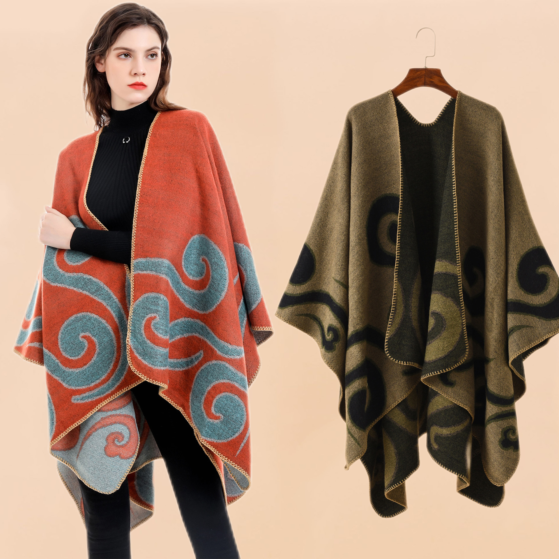 Fitshinling, chales y chales de invierno con diseño de nubes propicias, ponchos y capas de invierno de gran tamaño con flecos bohemios para mujer