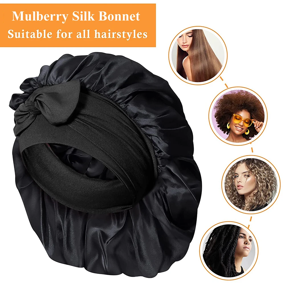 Topi Tidur Sutra Murbei 100% Wanita Topi Tidur Satin Dapat Disesuaikan Rambut Keriting Pita Elastis Lebar Tidak Ada Kerusakan Topi Malam Perawatan Rambut
