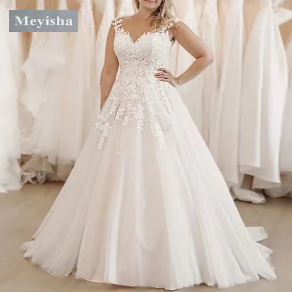 ZJ9433 Abiti da sposa a-line Principessa con scollo a V Applique con lacci sul retro Abiti da sposa Sweep Train Abito da sposa bianco da spiaggia