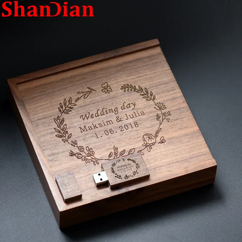 Caja de regalo de fotos de madera, unidades Flash USB 2,0, logotipo gratis, unidad de bolígrafo personalizada para boda, memoria de capacidad Real, fotografía, disco U 64G