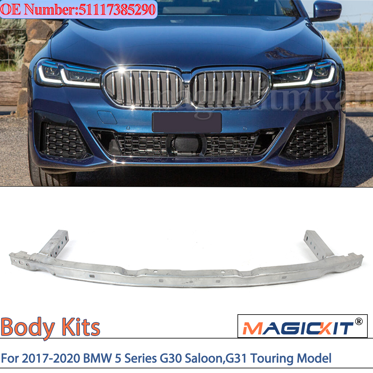 MAGICKIT BMW Batang Penguat Bumper Bawah Depan untuk BMW 5 Series G30 Saloon 2017-2020, Model Touring G31 Perak