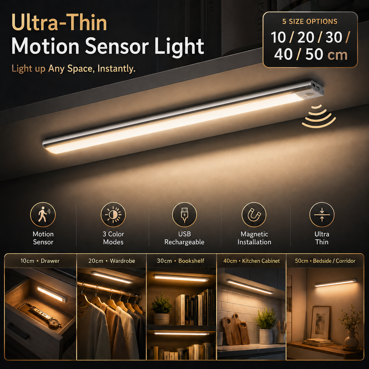 超薄型ワイヤレス LED キャビネットライト モーションセンサー USB TypeC 充電式磁気調光可能 3 色屋内用キッチンワードローブ用