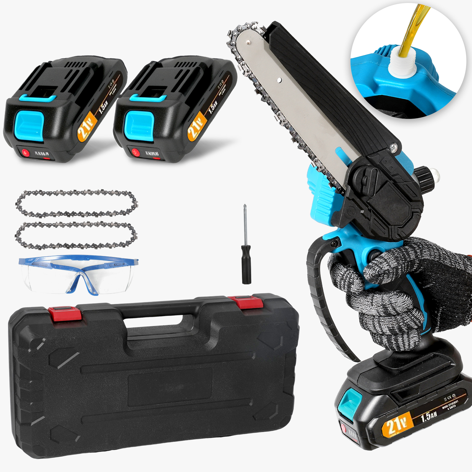 Serra Elétrica Mini Sem Fio de 6 Polegadas 21V com Lubrificador Automático Recarregável para Trabalhos em Madeira e Jardinagem