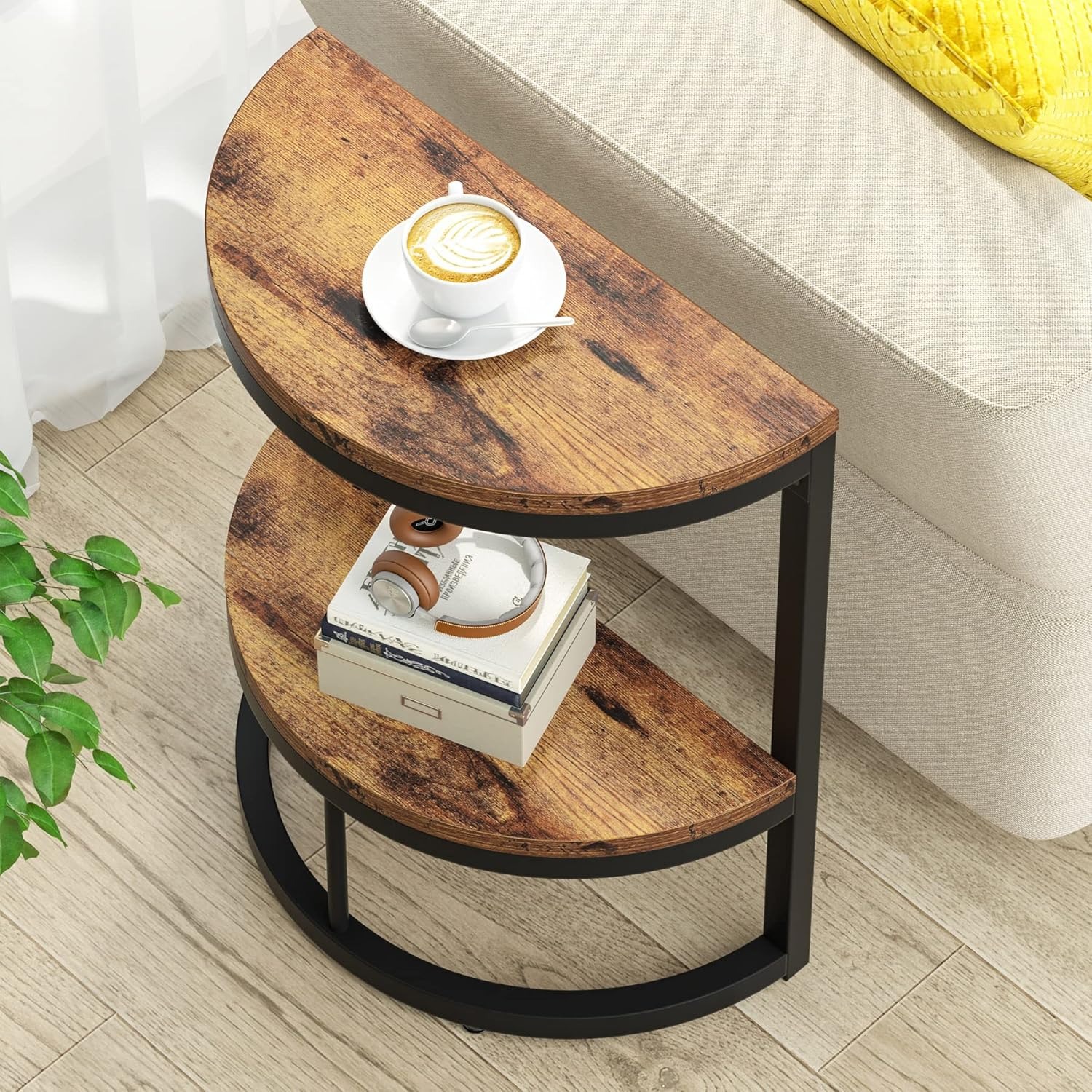 2-stöckiger Beistelltisch, halbkreisförmig, halbrunder Beistelltisch mit Ablagefach, Akzenttisch aus Holz, schmaler C-Tisch für Sofa, Couch