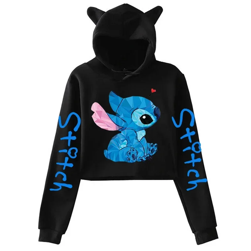 Sudadera con capucha Kawaii lilo y Stitch de Disney, Top corto para mujer, sudadera para niños y niñas, ropa de calle Harajuku, sudaderas con capucha recortadas