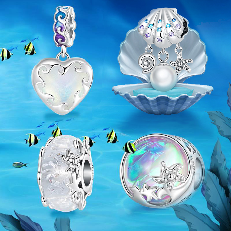 WOSTU-Cuentas de Plata de Ley 925 para mujer, abalorios de serie con diseño marino Natural de resina arcoíris, aptos para Pulsera Original, collar