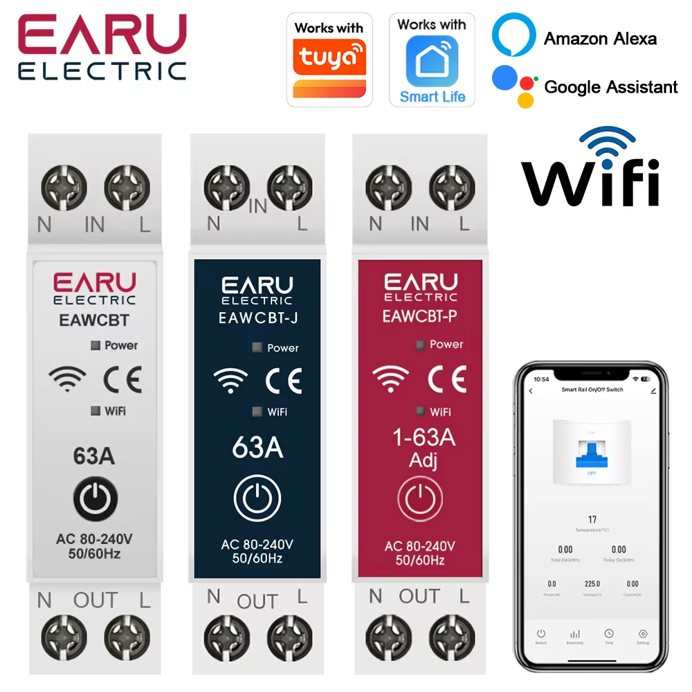 EARU Tuya App Smart WiFi MCB Circuit Breaker Current Voltage Power Energy kWh Meter Protector Timer Relay Switch Remote Control