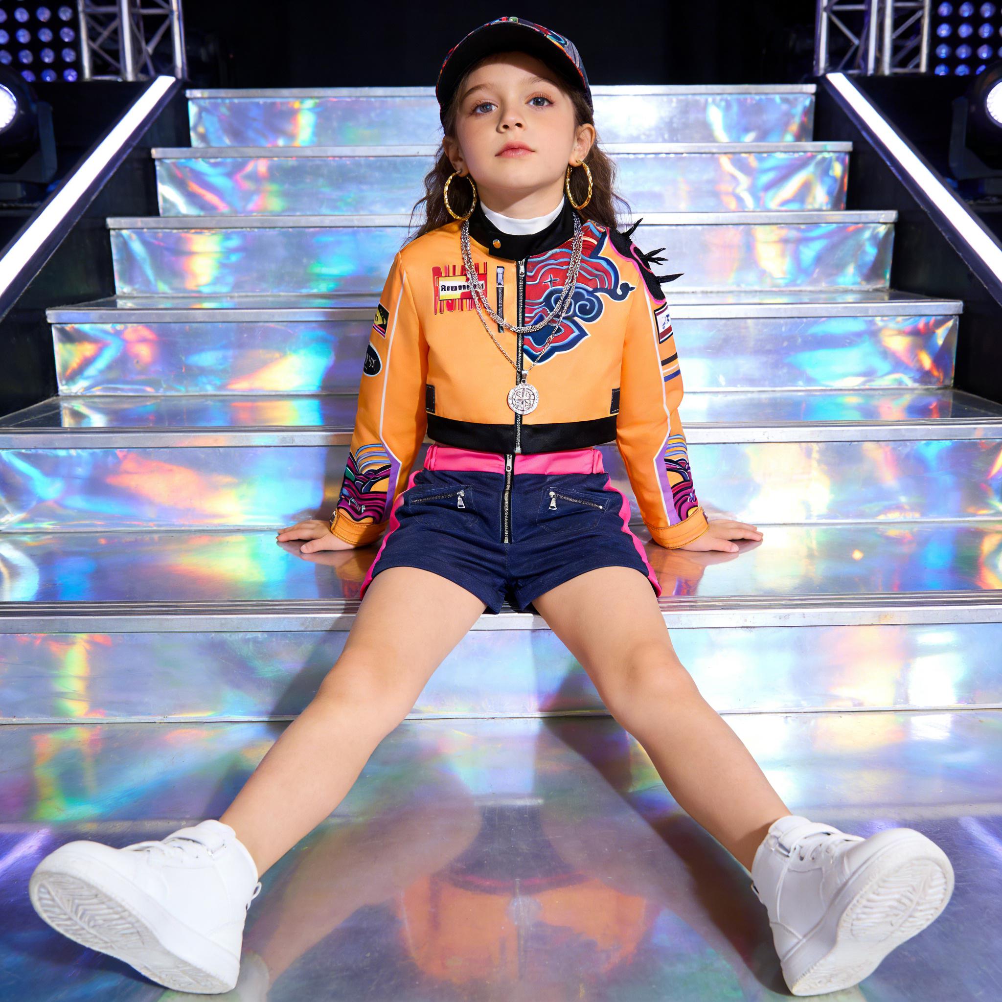 Conjunto de Fantasia de Hip Hop para Meninas de Carnaval + Colar + Brincos, Shorts Azul Profundo + Tops Laranja, Fantasias de Performance K-pop para Crianças