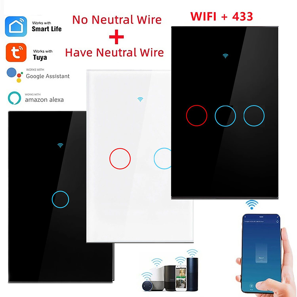 Inteligentne przełączniki Tuya US Nie wymaga przewodu neutralnego 1/2/3 Gang Light Przełącznik dotykowy WiFi Współpracuje z Alexa Google Home