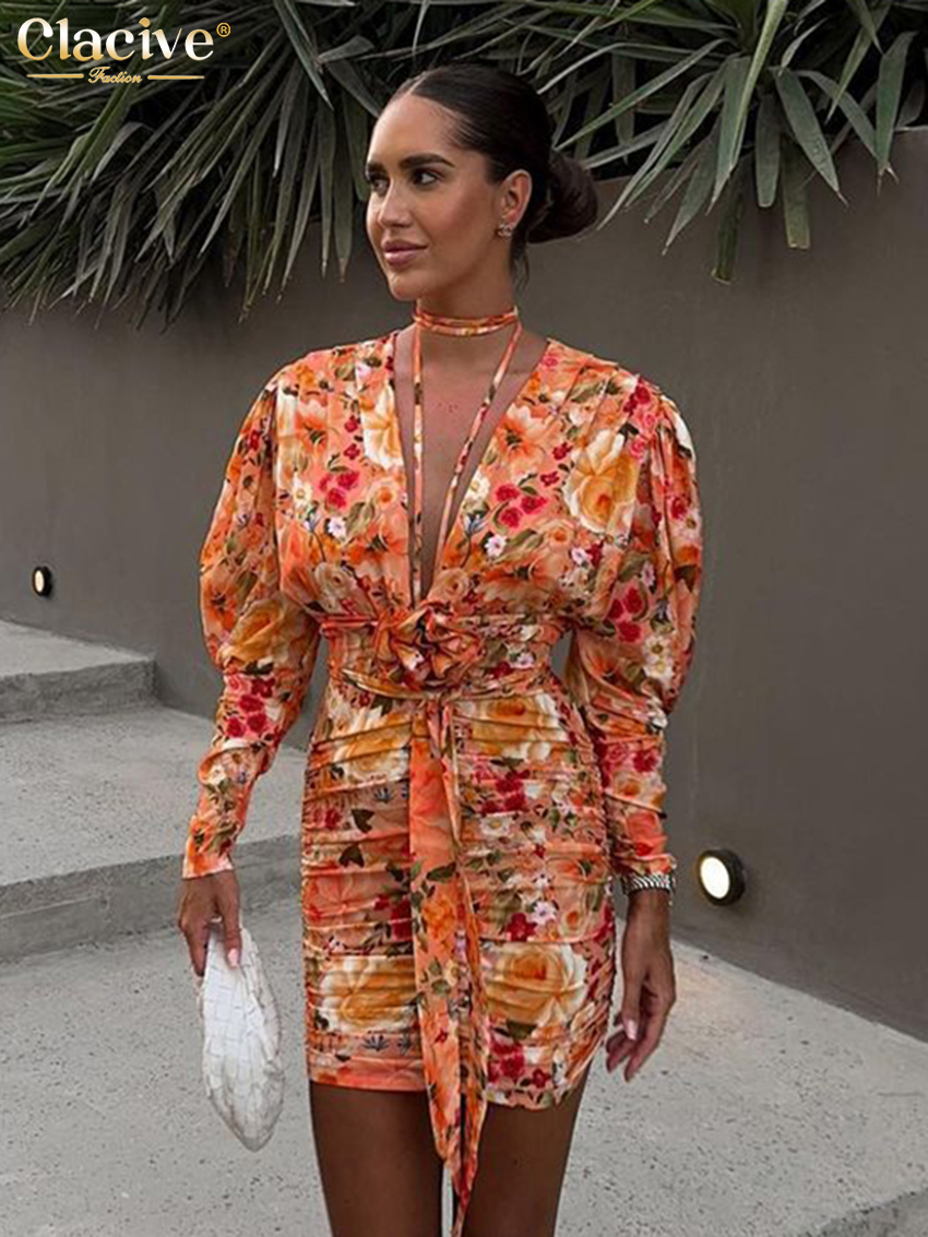 Clacive Sexy Schlankes Druck-Frauenkleid 2024, figurbetont, V-Ausschnitt, lange Ärmel, Minikleider, elegant, gerüscht, hohe Taille, Schnürung, weibliches Kleid