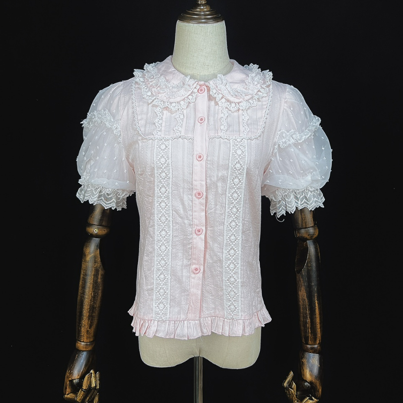 Blusas estilo japonés Lolita para chicas dulces, camisas de manga corta con cuello Peter Pan de encaje Kawaii para Mujer, Top interior Vintage, Blusas para Mujer