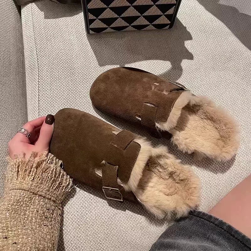 Zapatillas Baotou a la moda para mujer, zapatos planos antideslizantes y resistentes al desgaste con cabeza redonda y hebilla de cinturón de boca profunda, suela suave, invierno