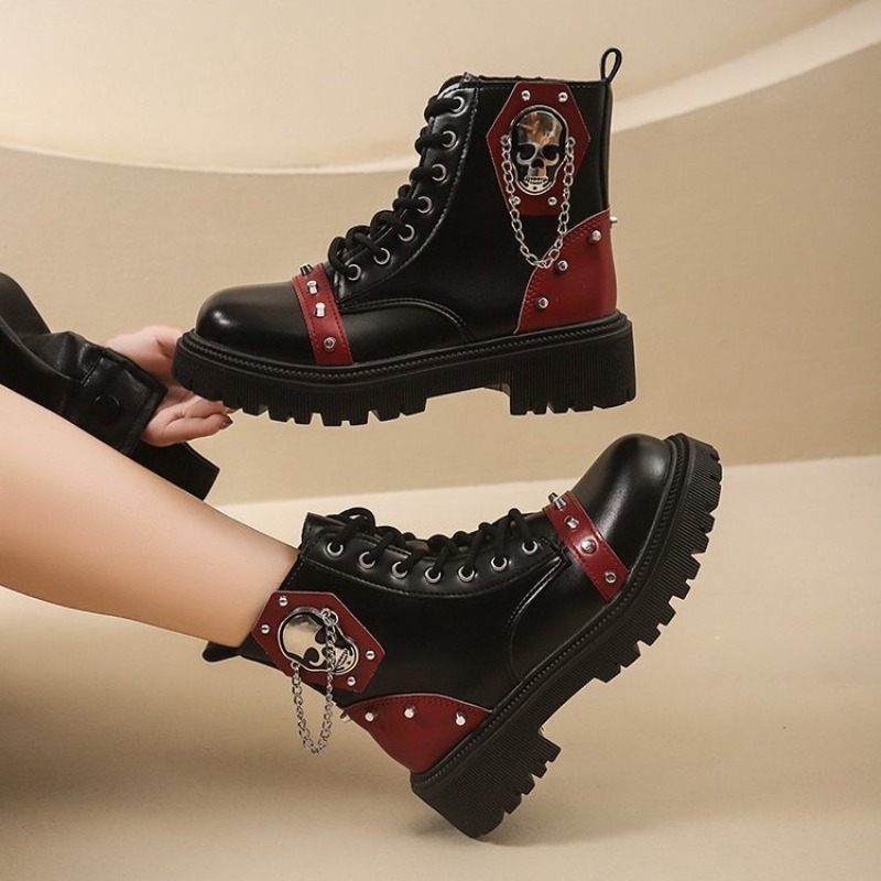 Vrouwen Punk Enkellaarsjes Platform Gesp Ontwerp Dameslaarzen Lace Up Blokhak Schoenen Metalen Decoratie Casual Outdoor Laarzen 42