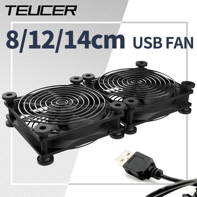 Teucer USB-betriebener Computer-PC-Gehäuselüfter, 120 mm, 5 V, leiser Gehäusekühler für Router, TV, Katzenkühlung, Schrauben, Schutznetz, 8/12/14 cm